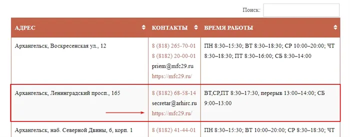 Переход по ссылке на сайт нужного МФЦ