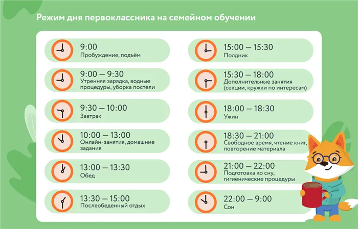 Режим дня первоклассника на семейном обучении